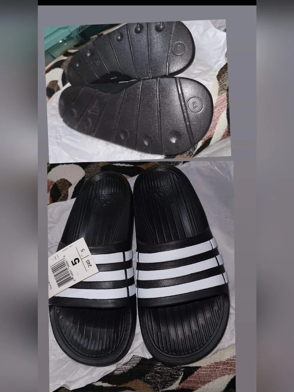 Adidas Black and White Slide Sandals with Three Stripes. Authentic